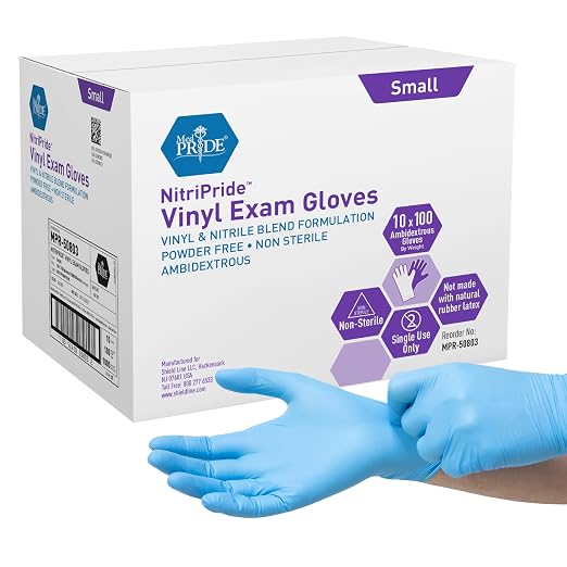 MED PRIDE Nitrile/Vinyl Blend Exam Gloves, Powder-Free, Latex-Free, Disposable, Non-Sterile, Blue (1000, Small)
