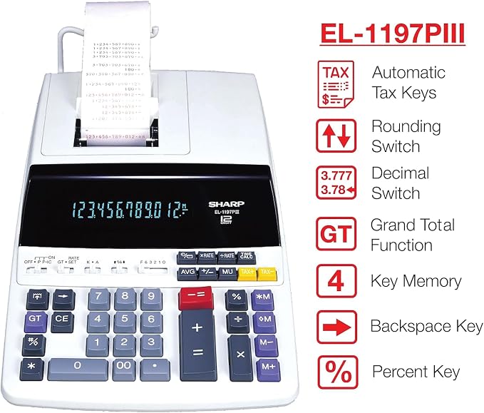 Sharp EL1197PIII Two-Color Printing Desktop Calculator Black/Red Print 4.5 Lines/Sec