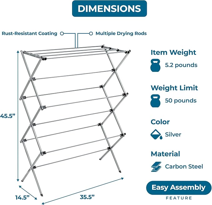 Honey-Can-Do Oversized Collapsible Clothes Drying Rack, 35", 50 lb, Grey | Oversized 35" x 45" steel rack holds 50 lb and folds flat for storage. Air-dry a full load indoors or outdoors.