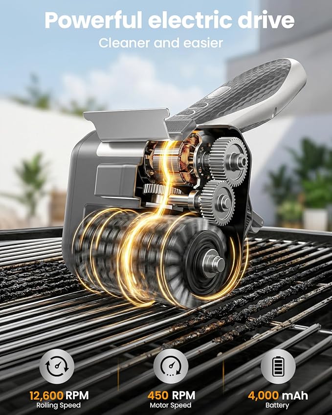 Electric Grill Brush for Outdoor Grill, Cordless BBQ Cleaner with LED Light, Scraper, Dishwasher‑Safe Bristles, 4000 mAh Battery, Rechargeable Power Grill Scrubber (Silver)