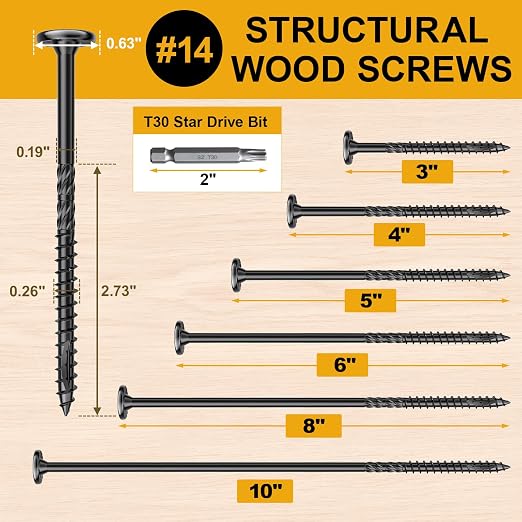 #14 x 8 Wood Structural Lag Screws | 600Pcs Star Drive Decking Wood Screws, Rust Resistant Timber Screws for Timber/Log/Landscaping