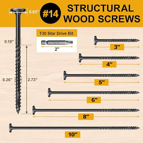 #14 x 10 Wood Structural Lag Screws | 108Pcs Star Drive Decking Wood Screws, Rust Resistant Timber Screws for Timber/Log/Landscaping Wood