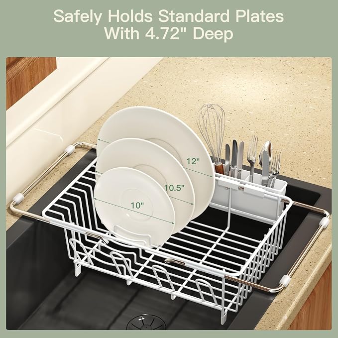 White Dish Drying Rack Over The Sink with Utensil Holder | Expandable Stainless Steel Dish Drainer for Small Kitchen, Apartment, RV, Counter Space Saving, Perfect Fit, Rustproof