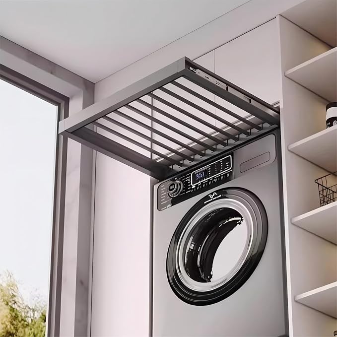 Hidden Pull Out Drying Rack, Extendable Pull Out Trousers Rack, Space Saving, Above Washing Machine Wardrobe, Aluminum Alloy, Soft-Close, Depth 21.26in Width 26-28in Grey