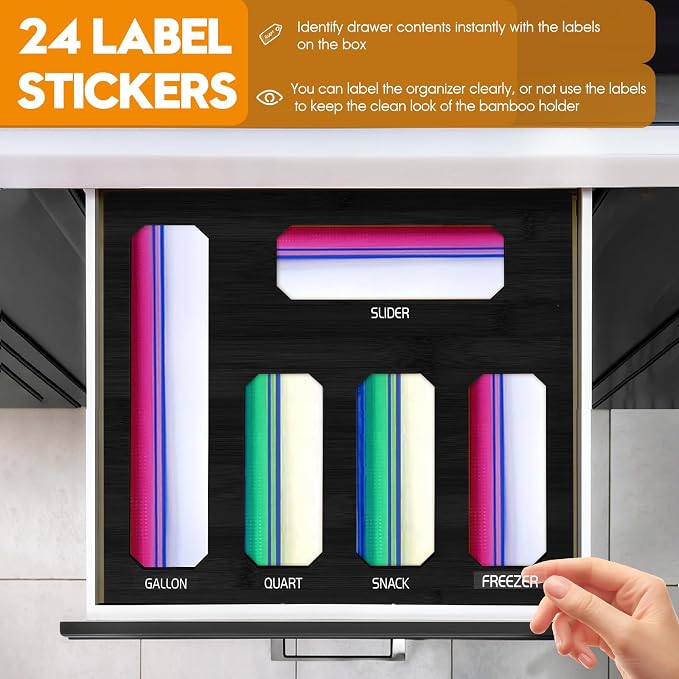 Bamboo Ziplock Bag Storage Organizer for Drawer -Black, 5 in 1 Baggie Organizer with 24 Labels - Fits Gallon, Quart, Sandwich & Snack Bags - Wall Mountable Kitchen Drawer Organizer