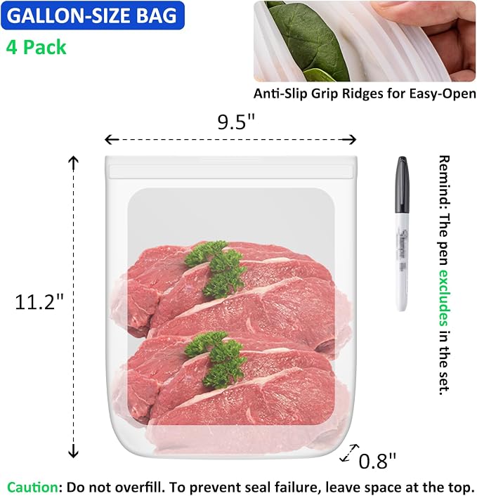 100% Silicone Flat Gallon Freezer Bags, 4 Pack Extra Large Reusable Silicone Ziplock Bags Gallon Size for Freezer, Double Zipper Seal, BPA & Microplastic Free, Freezer Microwave Sous Vide Safe, Clear
