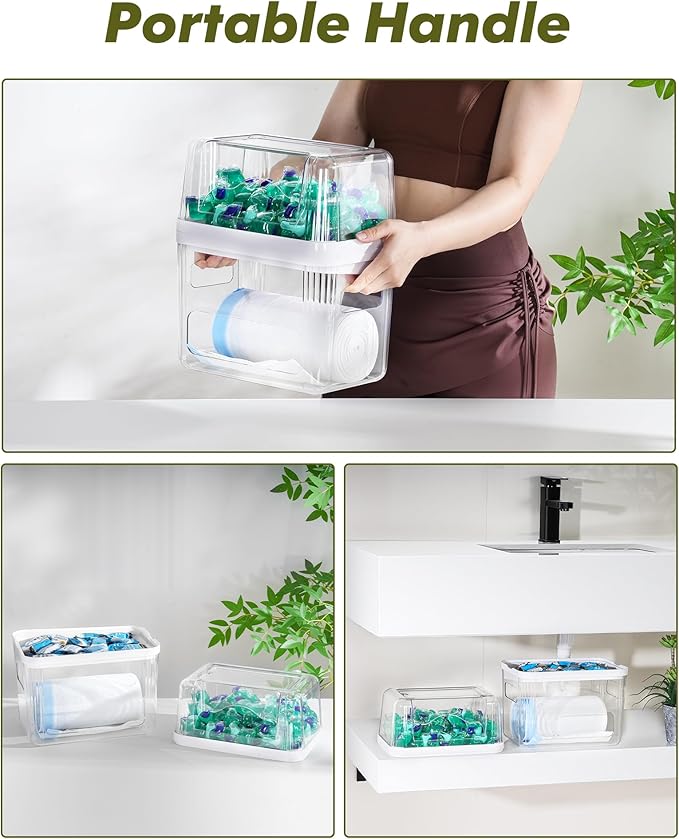 iCASA Trash Bag and Dishwasher Pod Dispenser - 3 in 1 Clear Storage Bins Holder for 13/30/33 Gallon Garbage Bags, Laundry Detergent Pods & Tabs, Under Sink Organizer for Kitchen and Laundry Room