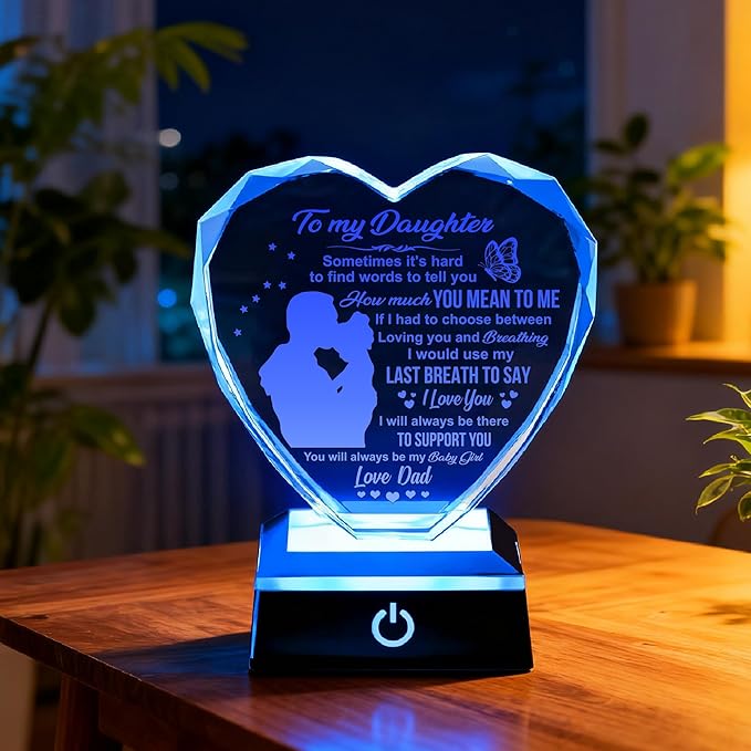 ZHSHWAT Daughter Gifts, K9 Crystal Heart with Color-Changing Base - Lifetime Gift from Dad to Daughter, Birthday Graduation Present, Elegant Gift Box