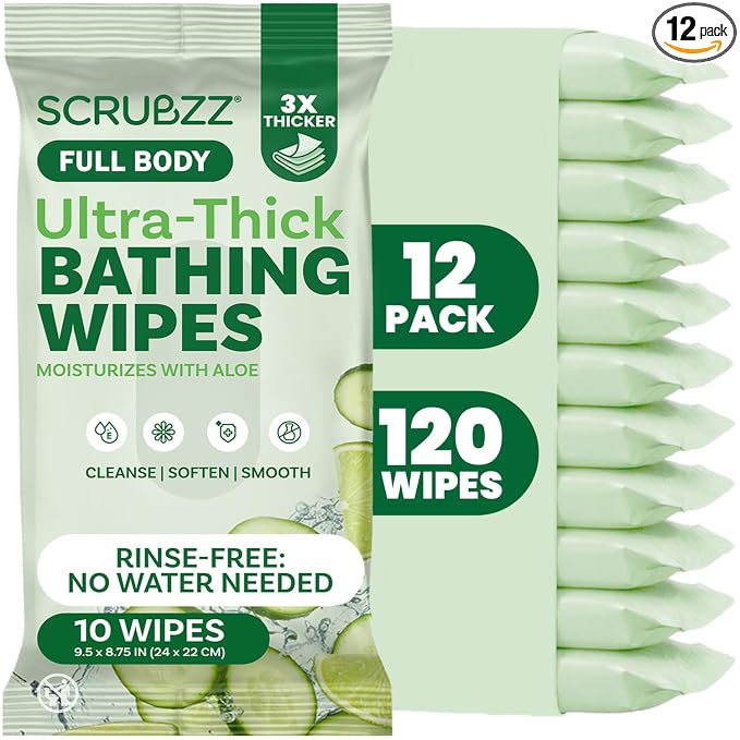 Extra Large Body Wipes for Adults Bathing No Rinse - 120 Ultra Thick Disposable Shower Wipes for Men, Women & Elderly - Great for Gym, Camping, Post Surgery - Cucumber Lime