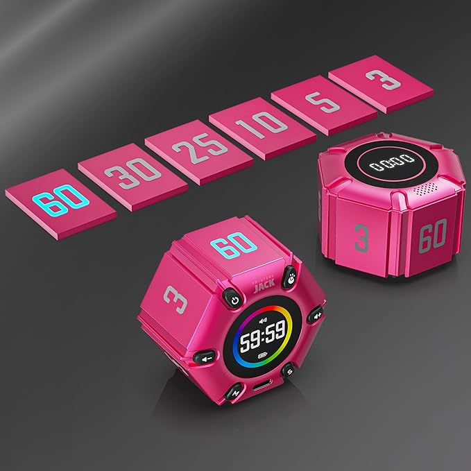 Printers Jack Visual Pomodoro Timer, Productivity Cube Timer, Mute & Vibration & Adjustable Sound Alert, for Office, ADHD, Study, Work, 3/5/10/25/30/60min & Custom Countdown - Hot Pink