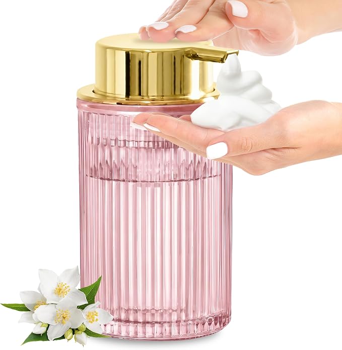 KASUNTING Pink Glass Foaming Soap Dispenser, Ribbed Foam Hand Soap Dispenser for Bathroom, 11 Fl Oz Refillable Foaming Pump Bottle with Black Pump, Modern Dish Soap Foam Dispenser