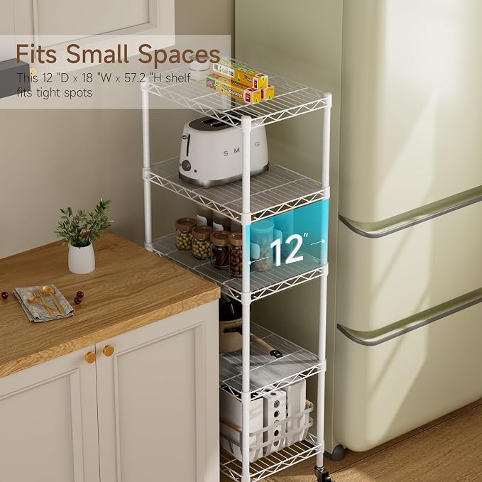 Golpart Small 5 Tier Shelves Storage Wire Shelving Unit Metal Shelf Adjustable Organizers Storage Shelving with Wheels for Bathroom Laundry Room Kitchen Pantry11.7”D x 17.7”W x 57.2”H White
