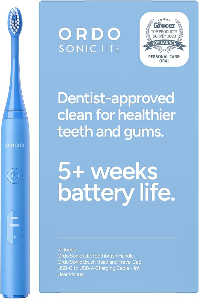 ORDO Sonic Lite Electric Toothbrush, Adults, Rechargeable, USB-C, Sky | Rechargeable sonic electric toothbrush, 35,000 pulses/min, dual modes, smart timer, 5+ week battery, USB-C charger