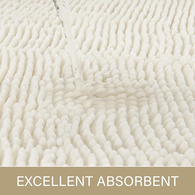 LOCHAS Luxury Bathroom Rug Shaggy Bath Mat 24 x 60 Inch, Cream White | Washable Non Slip Bath Rugs for Bathroom Shower, Soft Plush Chenille Absorbent Carpets