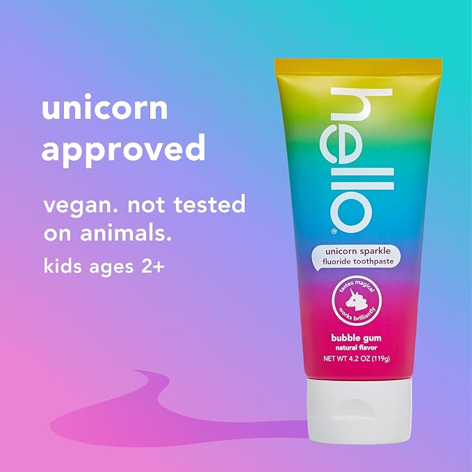 Hello Unicorn Sparkle Kids Toothpaste with Fluoride, Bubble Gum Toothpaste, 4.2 Oz Tube (Pack of 3) | Safe for Ages 2 and Up, Helps Prevent Cavities, Strengthens Enamel, Polishes Teeth, Vegan, Natural Bubblegum Flavor