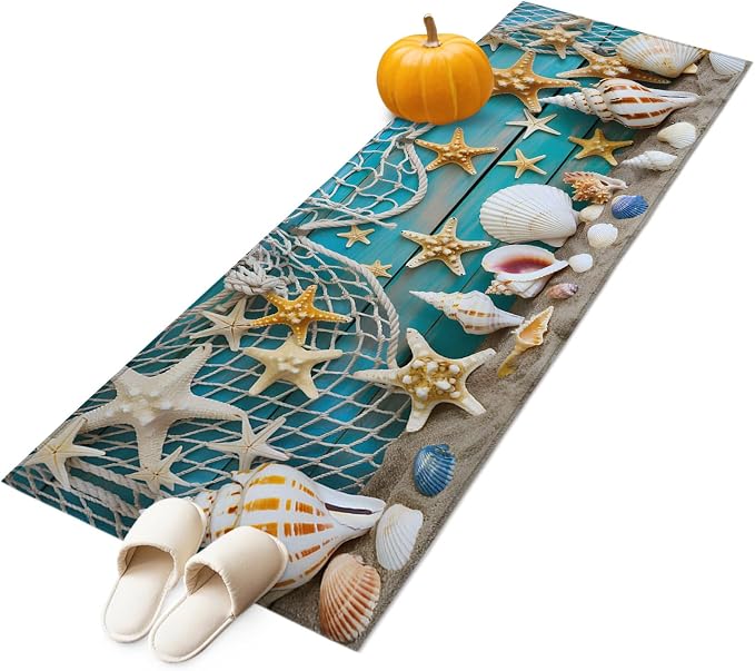 Kitchen Runner Rug 2 x 6 Ft, Beach Starfish Laundry Room Rugs Indoor Non Slip Washable, Ocean Conch Fishing Net Blue Wood Grain Decorative Carpet Long Mat for Sink/Hallway/Living Room