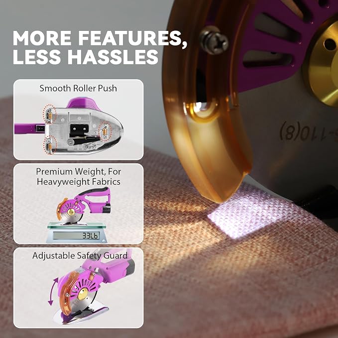 BAOSHISHAN Cordless & Rechargeable Electric Fabric Rotary, Adjustable Speed | ﻿2 x 2500mAh Battery, Round Blade Fabric Cutting Machine for ≤1.06" Thickness Multilayer Fabric Leather Cloth Carpet (Purple)