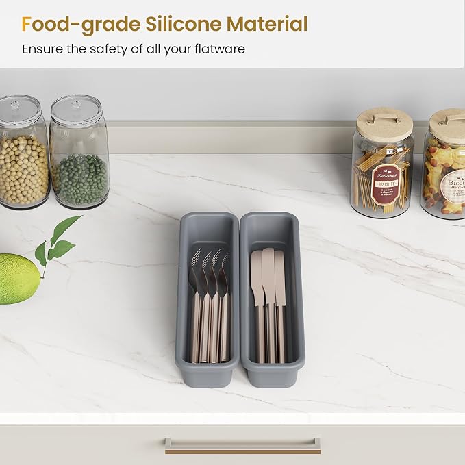 2 Pack Silicone Silverware Drawer Organizer, DIY Free Combination Kitchen Drawer Organizer, Utensil Organizer, Moisture-proof and Heat-resistant up to 200°C, Anti-slip Design (Grey)