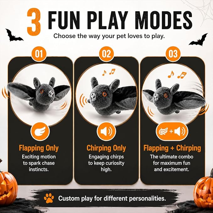 Flying Bat Dog Toy, Flapping Wings Interactive Pet Teaser (3PCS) | USB Rechargeable | Chirping Sounds | Hanging & Ground Play | Realistic Flight Motion | Cat & Dog Exercise