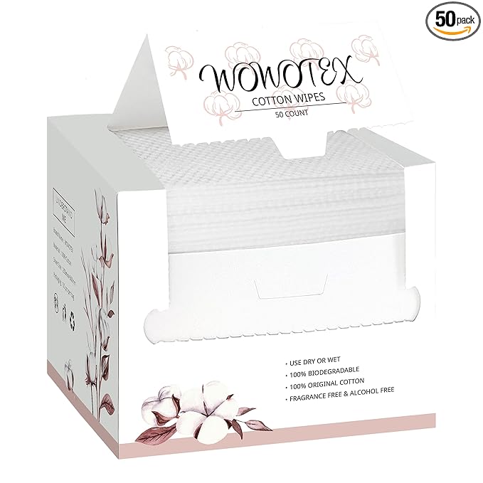 WOWOTEX 100% Cotton Disposable Face Towel 50 Count 10x12 Inch | Biodegradable Thick Soft One Time Use Dry Wipes for Sensitive Skin, Baby Care, Facial Cleaning, Makeup Removal