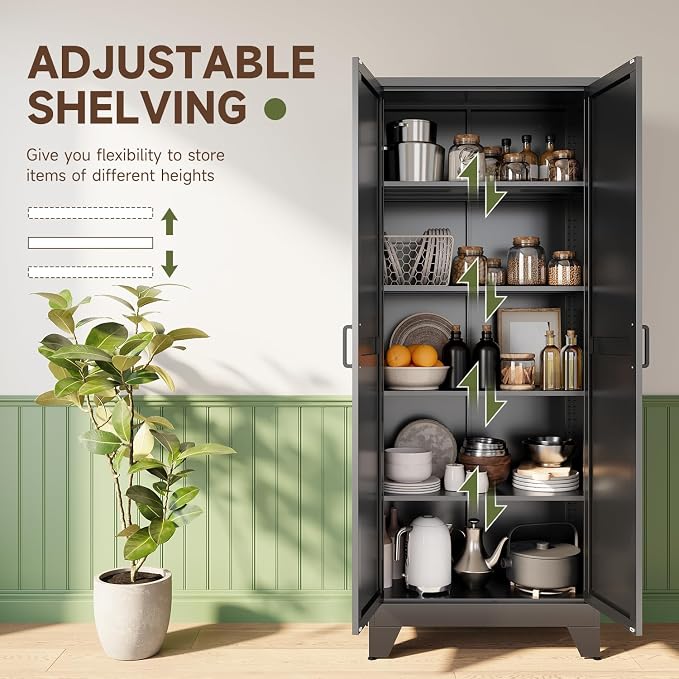 75" H Metal Storage Cabinet with 2 Doors and 4 Shelves,Tall Kitchen Pantry Cabinets,Farmhouse Utility Pantry Organizers for Cupboard/Dining/Bathroom/Home Office/Garage Room,Black