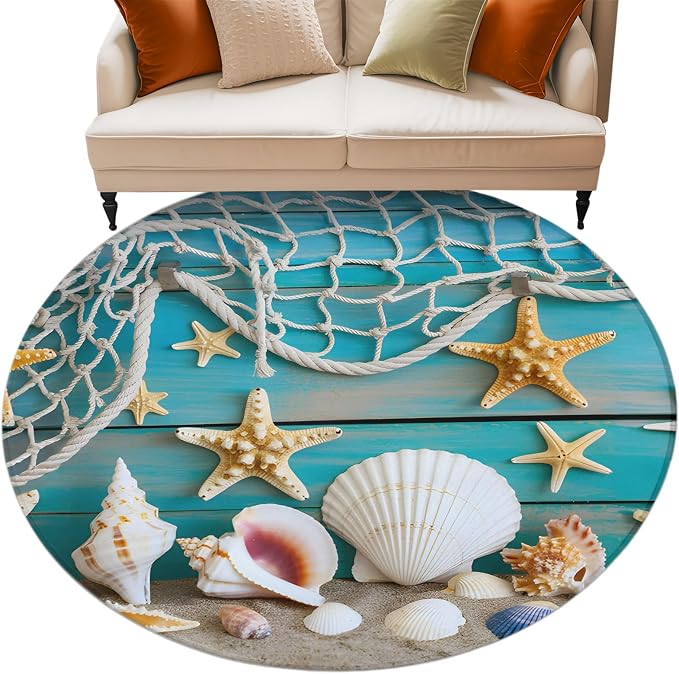 8 Ft Round Rug for Large Living Room, Beach Starfish Indoor Accent Rugs for Apartment, Ocean Conch Fishing Net Blue Wood Grain Decorative Circle Carpet Washable Low Pile Non Slip, Rug for Bedroom