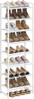 Nunsino Narrow Shoe Rack, 8-Tier Metal Shoe Organizer,Tall Shoe Shelf with Anti-Tip Strap, Max Holds 18 Pairs,Space Saving for Closet,Entryway,White