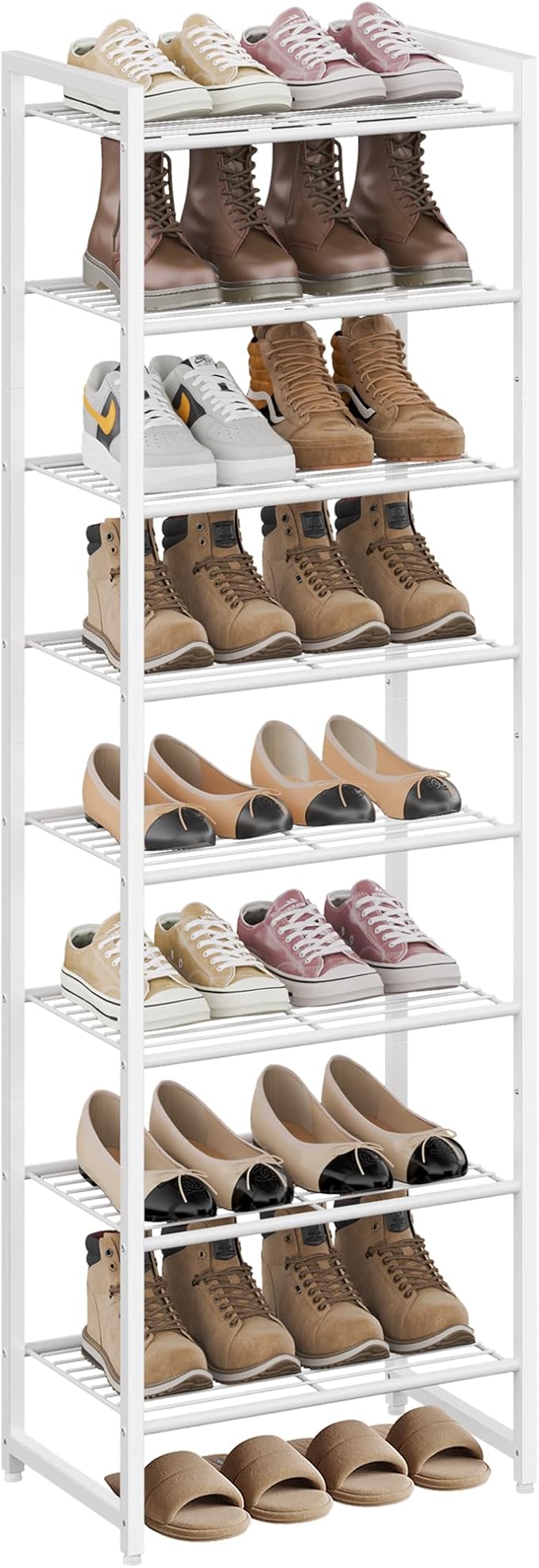 Nunsino Narrow Shoe Rack, 8-Tier Metal Shoe Organizer,Tall Shoe Shelf with Anti-Tip Strap, Max Holds 18 Pairs,Space Saving for Closet,Entryway,White