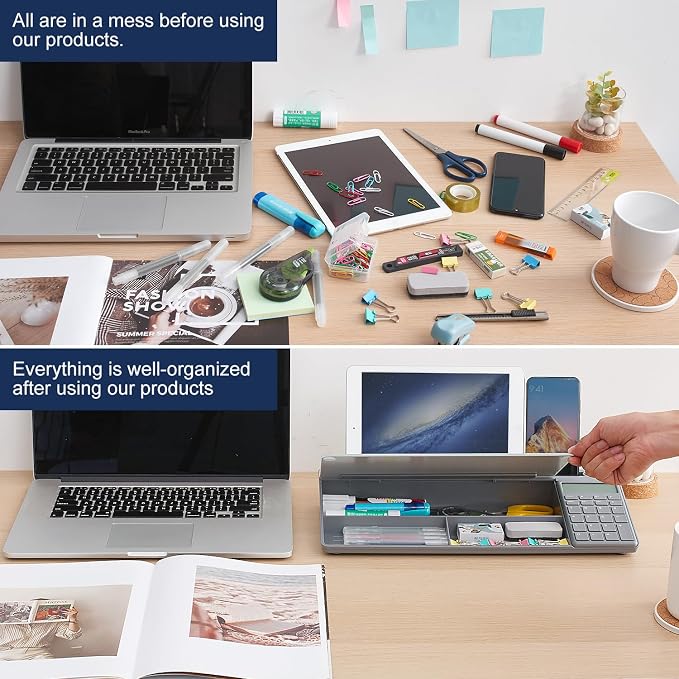 Small Glass Desktop Whiteboard Dry-Erase-Board - Computer Keyboard Stand with Calculator White Board Surface Pad with Drawer, Desk Organizers with Accessories for Office, Home, School Supplies - Grey