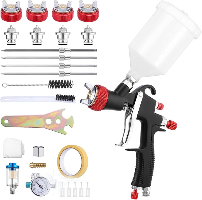 R500 Lvlp Air Spray Gun Kit, 4 Nozzles, 600Ml Cup | Nickel-Plated Body, Adjustable Spray Pattern, 1.5-3 Bar, Pressure Gauge, For Auto, Furniture And Home Painting