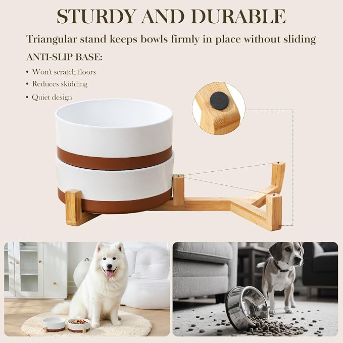MALACASA Dog Bowls Set with Wooden Stand, 6 Cups Food Water Bowl Set for Medium to Large Size Dogs, Ceramic Pet Bowls with Weighted Non-Slip Base, Basic Bowls for Your Dog,58Oz