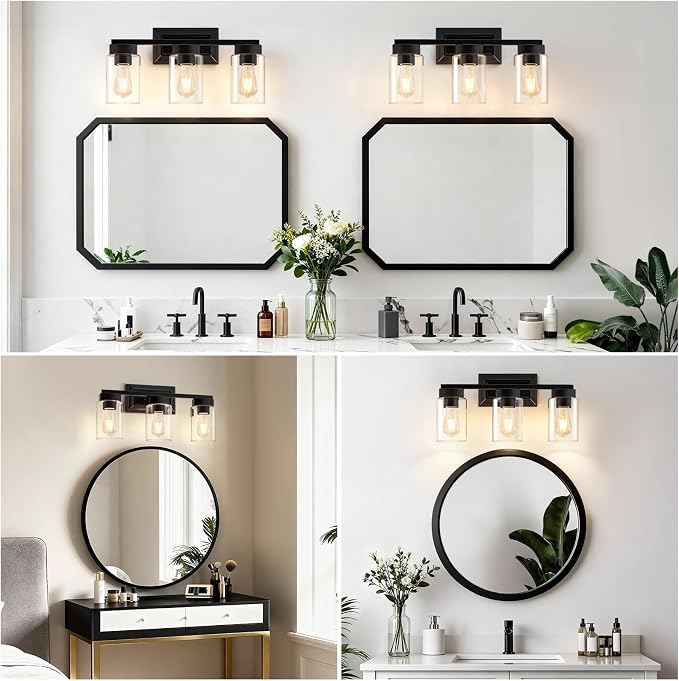 EJIAXIN Bathroom Lights Over Mirror, 3 Light Bathroom Light Fixtures with Clear Glass Shade Modern Matte Black Vanity Lights Lighting for Bathroom, Mirror, Living Room, Bedroom, Hallway