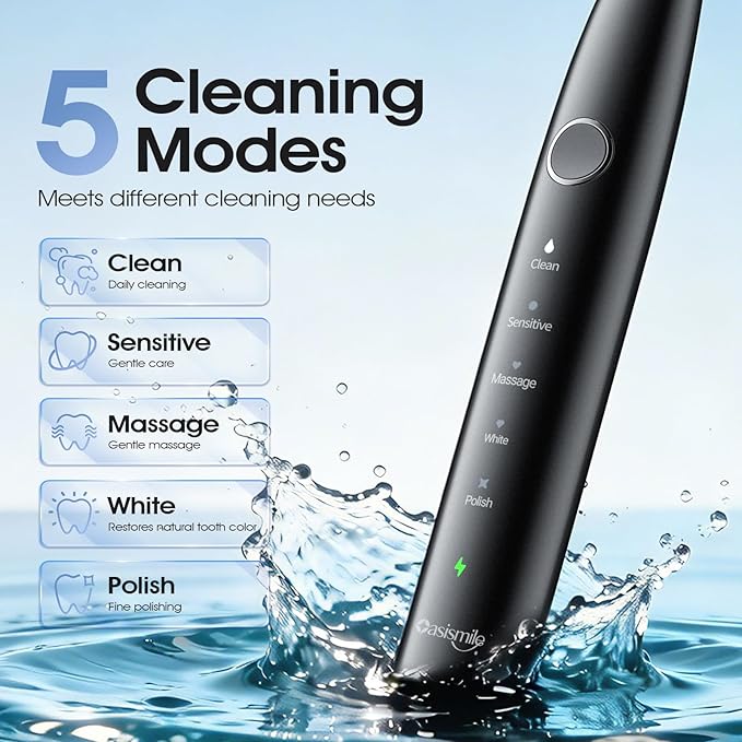OasiSmile Sonic Electric Toothbrush, 42000 VPM Toothbrush with 6 Brush Heads & Travel Case, 5 Modes with 2 Minutes Built in Smart Timer, Wireless Charging, 100-Day Battery Life for Home Travel