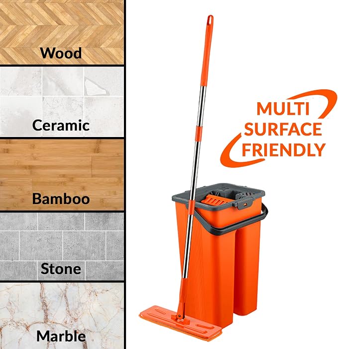 Macromax Flat Mop and Bucket Set with 9 Refills – 100% Microfiber Mop with Dual Wet & Dry Use – Slim Design for Corners & Under Furniture – Easy-Squeeze Bucket for Hardwood, Tile & Laminate Floors