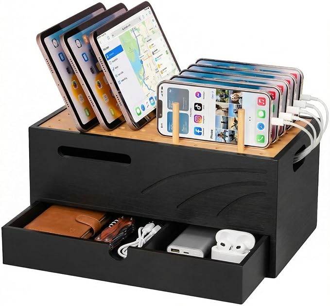 Homde Bamboo Charging Station Organizer: 2 Layer Charger Holder with Drawer for Office Home - Electronic Docking Stand for Multiple Devices, Tablets, Phones （Black）