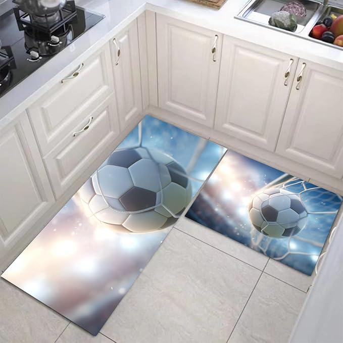 2 Pcs Kitchen Rugs and Mats Blue Soccer Flies Into Net Kitchen Rug Sets,Sports Realism Style Floor Mats Washable Non Slip Rug Runner for Office Sink Laundry 20"x32"+20"x48"
