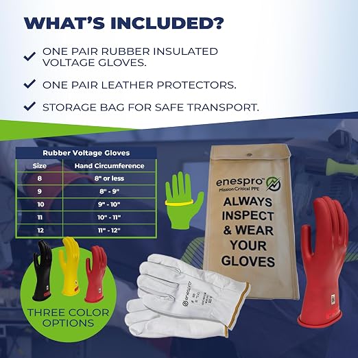 Enespro Class 0 Insulated Electrical Gloves Kit, 1000V AC/1500V DC, Size 9 | ASTM D120 and NFPA 70E Rubber Glove Set with Leather Protectors and Storage Bag for Power Crews and Utility Workers, Red