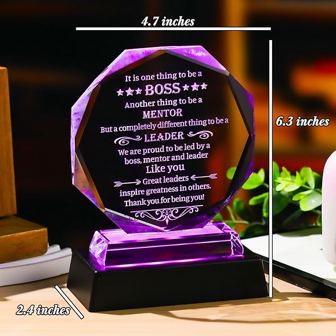 Movdyka Best Boss Gifts for Women Men Crystal Plaque Keepsakes with LED Base Boss's Day for Boss Going Away Appreciation Leaving Office Farewell for Bosses Male Him Retirement