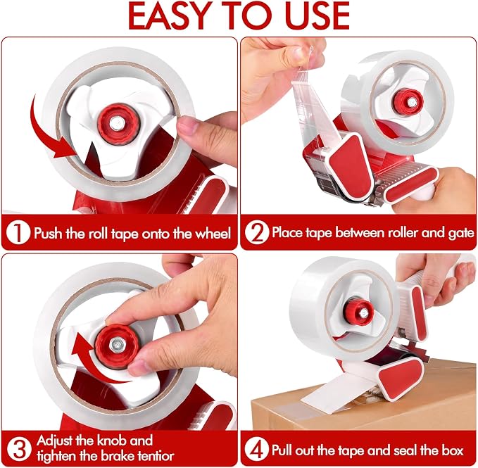2 Pack Heavy Duty Packing Tape Dispenser Gun with 12 Pack Clear Packaging Tapes, 2 Inch Packaging Tape with Dispenser for Carton Sealing, Moving Boxes, Shipping (Red)