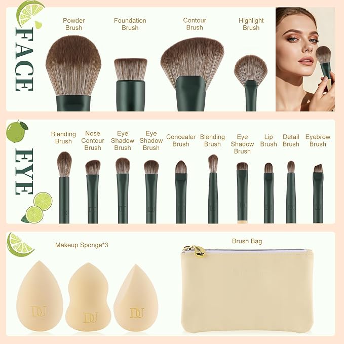 DUcare 18 Makeup Brushes Set Makeup Sponges Cosmetic Bag | Powder Foundation Contour Blush Concealer Eye Shadow Blending Liner Make Up Brush Kit