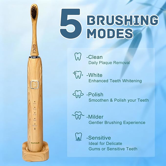 Sonic Electric Toothbrush with Bamboo Heads, Bamboo Electric Toothbrush for Adults, Smart Timer,Sonic Technology 38000 VPM, 4 Replacement Heads, 5 Modes, IPX7 Waterproof, 80-Day Battery Life