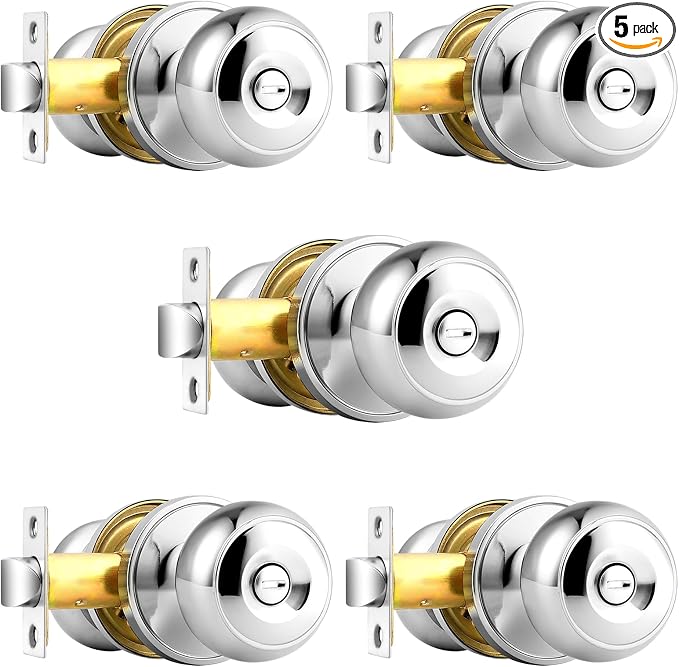 Probrico Privacy Door Knobs Polished Chrome, Bath/Bed Door Locks, Interior Keyless Door Handles, 5 Pack