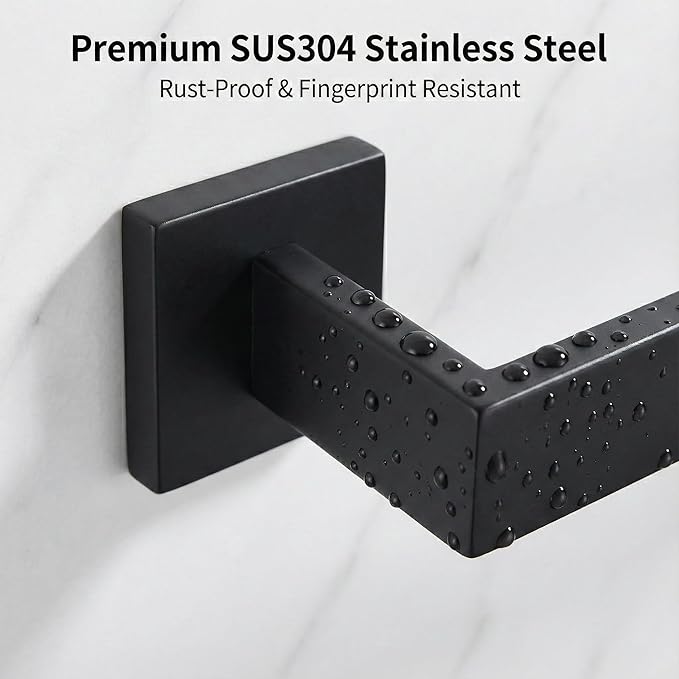 5 Piece Bathroom Hardware Set Matte Black, SUS304 Stainless Steel Towel Bar Set, Modern Square Accessories with 16 Inch Rack Toilet Paper Holder Robe Hooks (Matte Black)