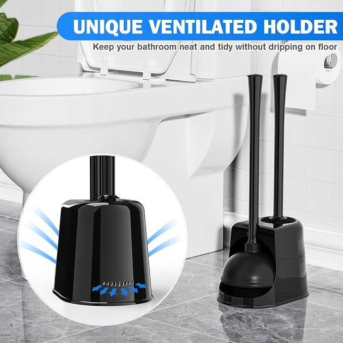 Toilet Plunger and Brush Set,2 Pack Bowl Brush and Heavy Duty Toilet Brush with Ventilated Holder, 2-in-1 Toilet Brush and Plunger Combo for Bathroom Deeply Cleaning（Black）
