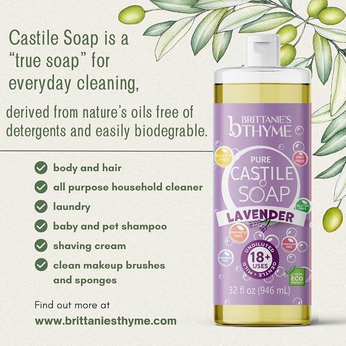 Brittanie’s Pure Castile Liquid Soap Refill, Lavender, 32 Ounce 2 Pack | Dish Soap, Hair & Body, Laundry, Home, Gentle and Pure, Made with Natural Luxurious Oils, Vegan & Gluten Free Non-GMO