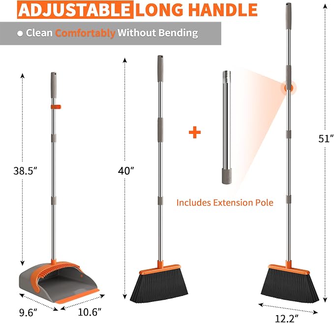 Upgraded Broom and Dustpan Set, 52" Long Handle Standing Combo with Self-Cleaning Teeth – Perfect for Pet Hair, Kitchen, Office, Home, Indoor & Outdoor Cleaning(Orange & Gray)