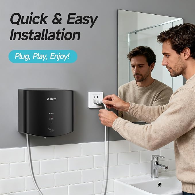AIKE Air Wiper Compact Hand Dryer 110V 1400W Black (with 2 Pin Plug) Model AK2630S