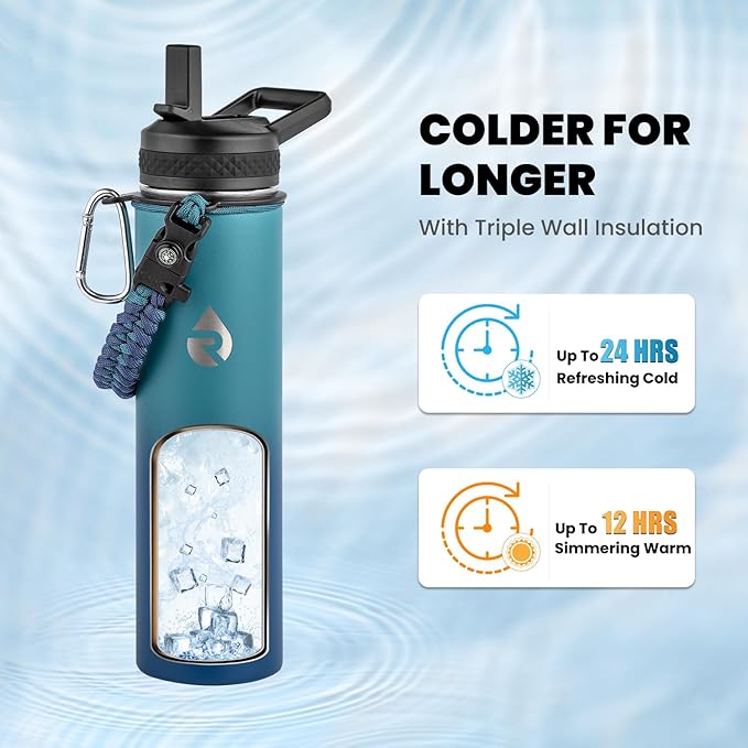 RAYMYLO Insulated Water Bottle 24 oz, Triple Wall Vacuum Stainless Steel (Cold for 24Hrs, Hot for 12Hrs), Leak Proof & Non-BPA, Modern Water Flask Jug with Paracord Handle & Straw Spout Lids