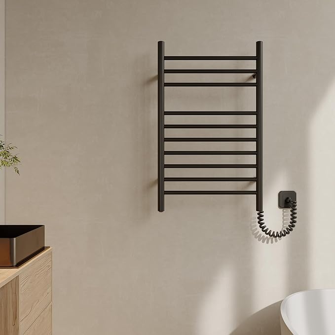 HEATGENE Towel Warmer, Compact Electric Towel Warmer for Small Bathroom, Wall-Mounted Electric Towel Racks, Plug-in/Hardwired Electric Towel Rails - Matte Black