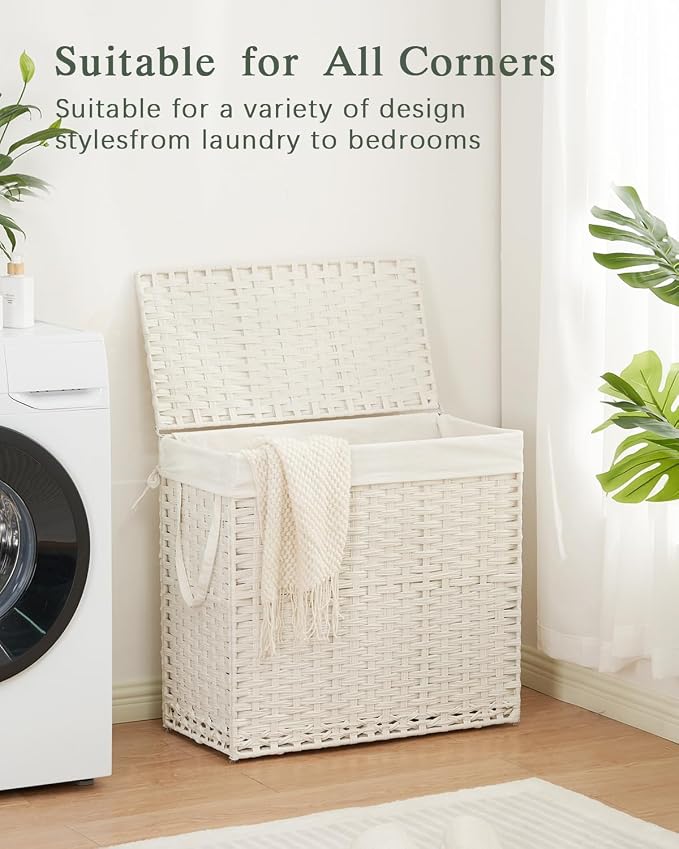 SETVSON Laundry Hamper with Lid Laundry Basket 132 L PE Rattan, White | Large Family Clothes Sorter Trunk with Lid, 3 Compartment Washable Liners, 6 Mesh Bags, Collapsible Steel Frame